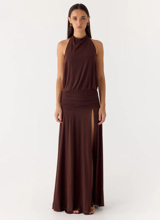 Chocolate Brown Halter Neck Open Back Ruched High Slit Maxi Prom Dress