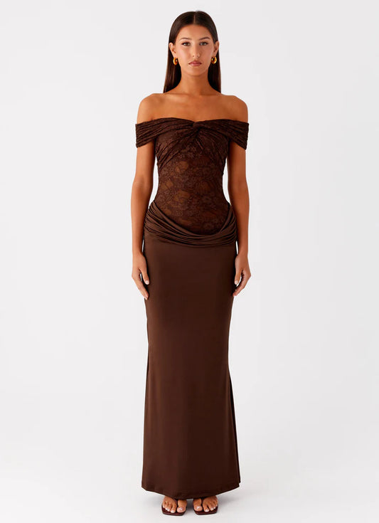 Chocolate Brown Lace Insert Off Shoulder Prom Dress Ruched Maxi Gown