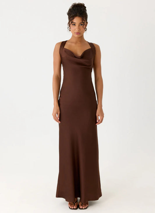 Chocolate Brown Satin Cowl Neck Open Back Twist Strap Maxi Prom Dress