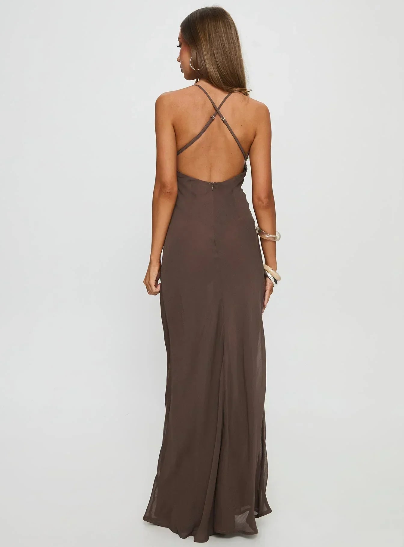 Chocolate Brown Spaghetti Strap Rhinestone-Embellished Chiffon Maxi Formal Evening Prom Dress
