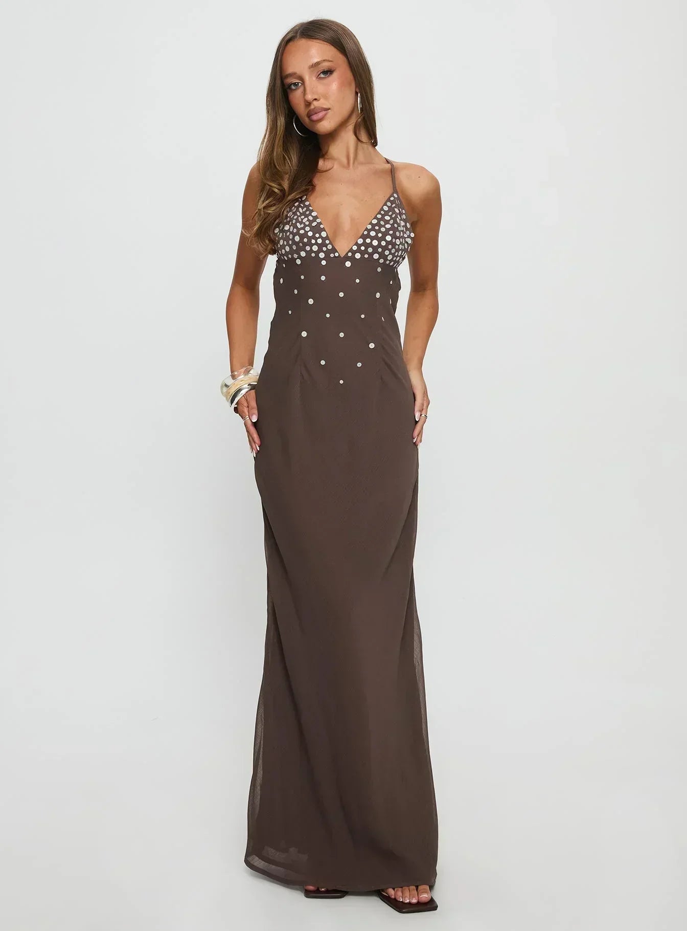 Chocolate Brown Spaghetti Strap Rhinestone-Embellished Chiffon Maxi Formal Evening Prom Dress