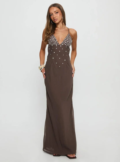 Chocolate Brown Spaghetti Strap Rhinestone-Embellished Chiffon Maxi Formal Evening Prom Dress