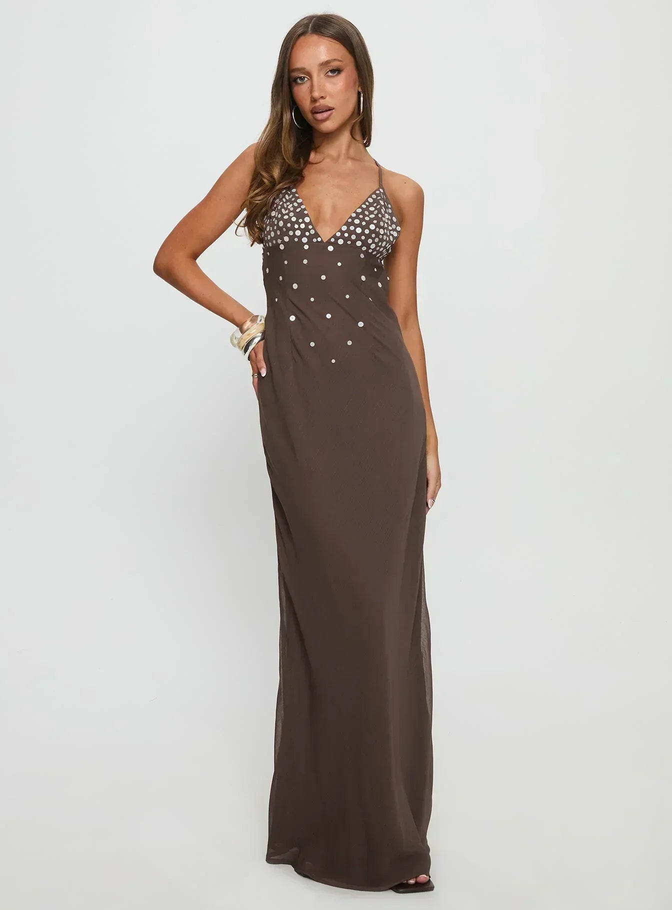 Chocolate Brown Spaghetti Strap Rhinestone-Embellished Chiffon Maxi Formal Evening Prom Dress