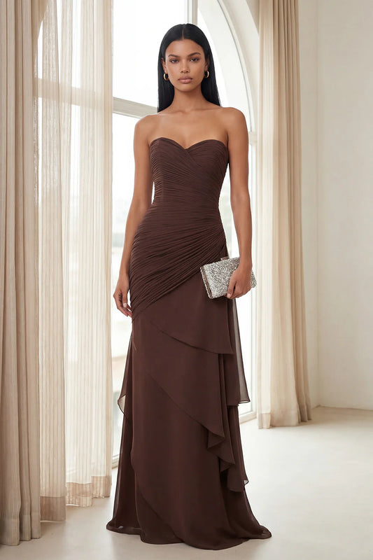 Chocolate Brown Strapless Ruched Bodice Cascading Ruffle Mermaid Maxi Prom Dress with Train