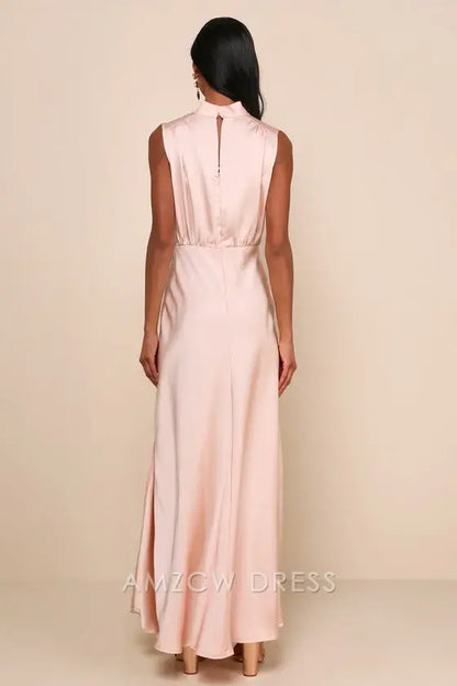 Vestido largo elegante clásico elegante de Amzcw en satén ruborizado sin mangas con cuello alto, vestidos formales 
