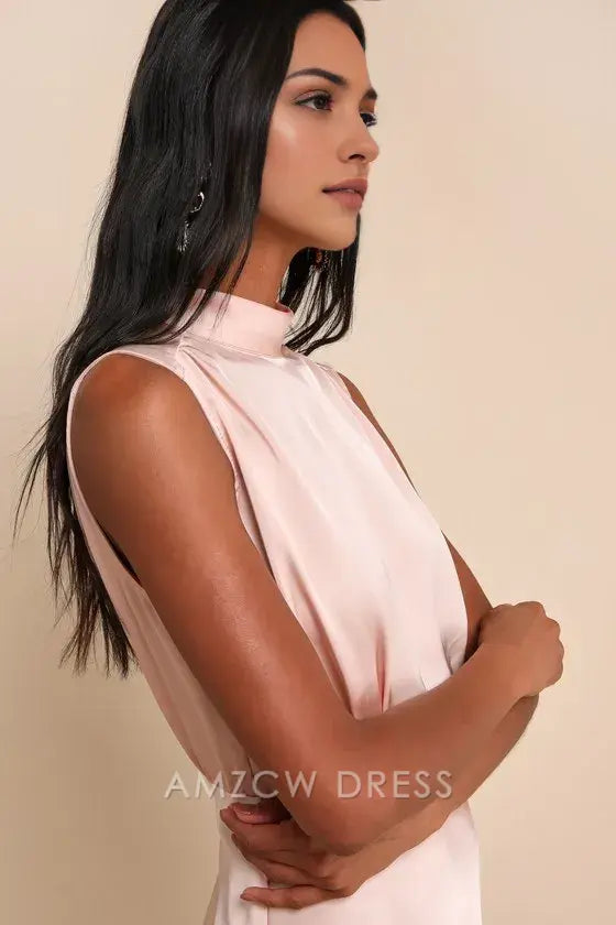 Vestido largo elegante clásico elegante de Amzcw en satén ruborizado sin mangas con cuello alto, vestidos formales 