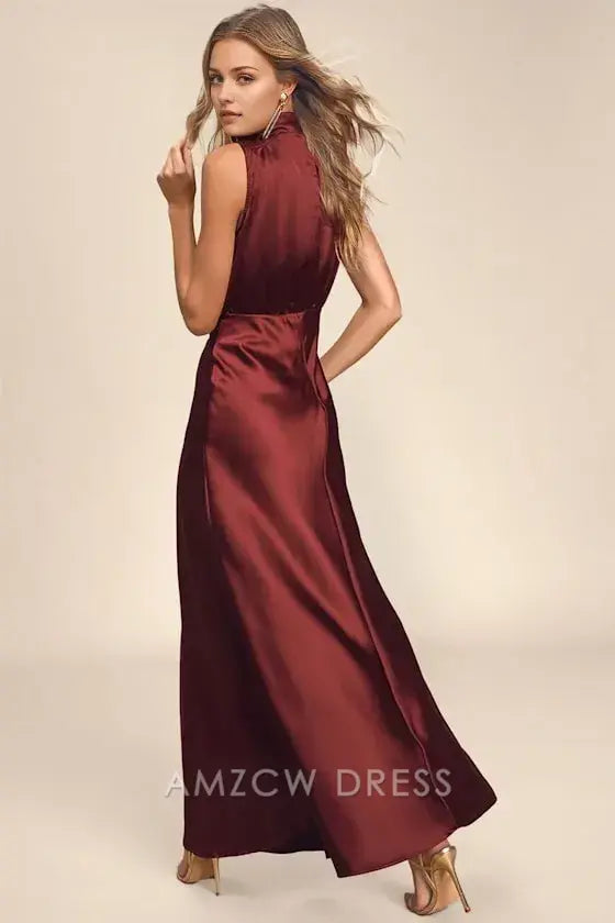 Vestido largo elegante de satén color vino Amzcw, estilo clásico y elegante, para ocasiones formales. 
