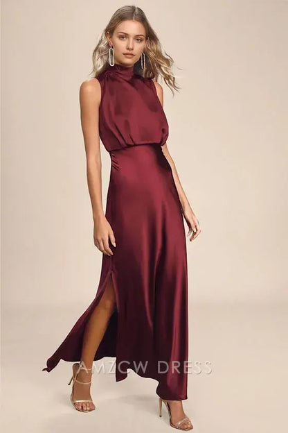 Vestido largo elegante de satén color vino Amzcw, estilo clásico y elegante, para ocasiones formales. 