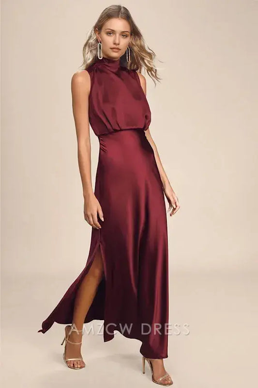 Vestido largo elegante de satén color vino Amzcw, estilo clásico y elegante, para ocasiones formales. 