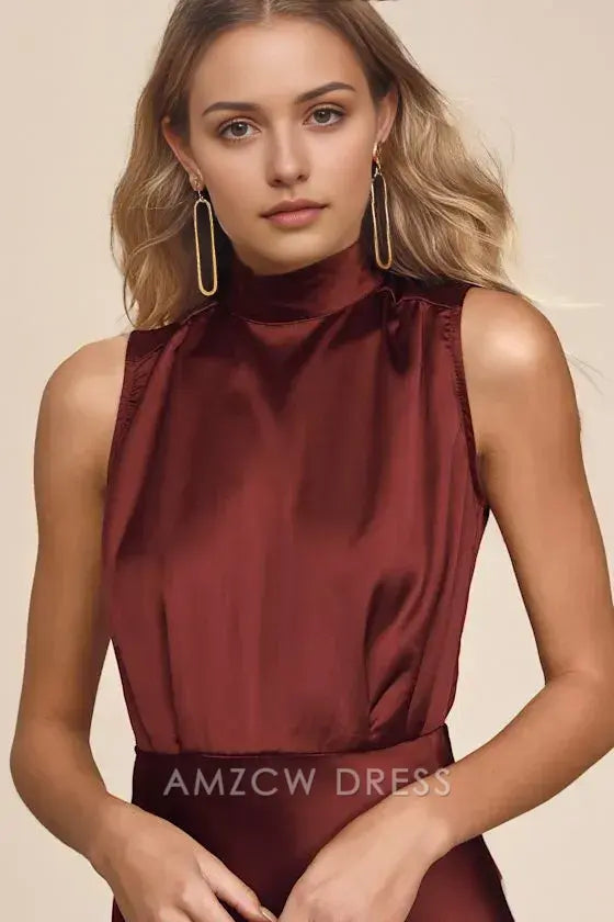 Vestido largo elegante de satén color vino Amzcw, estilo clásico y elegante, para ocasiones formales. 