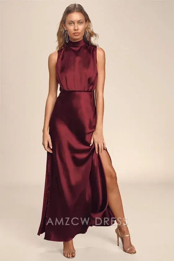 Vestido largo elegante de satén color vino Amzcw, estilo clásico y elegante, para ocasiones formales. 