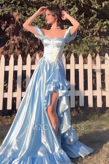 Vestido de fiesta formal Amzcw azul elegante de satén con volantes, corte imperio, abertura y corte A