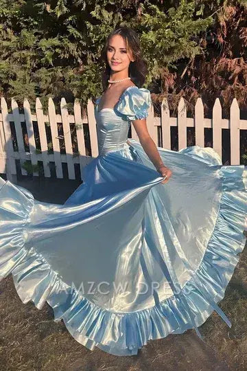 Vestido de fiesta formal Amzcw azul elegante de satén con volantes, corte imperio, abertura y corte A