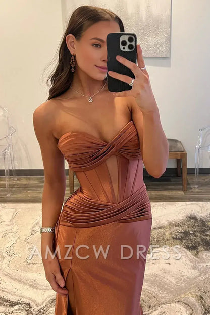 Amzcw Classy Strapless Keyhole Mermaid Satin Long Prom Dress with Slit