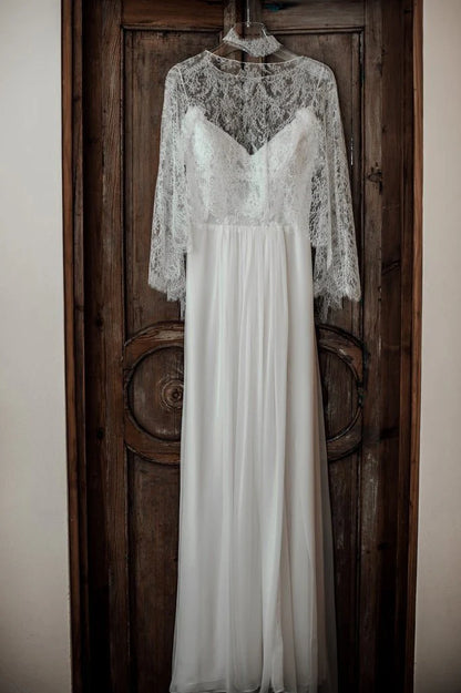 Vestido de novia convertible de dos piezas de gasa con encaje y tirantes finos para playa con abertura