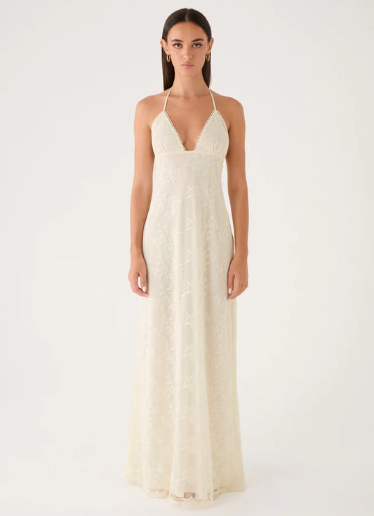 Cream Ivory Lace Halter Neck Maxi Prom Dress with Open Back and Floral Embroidery