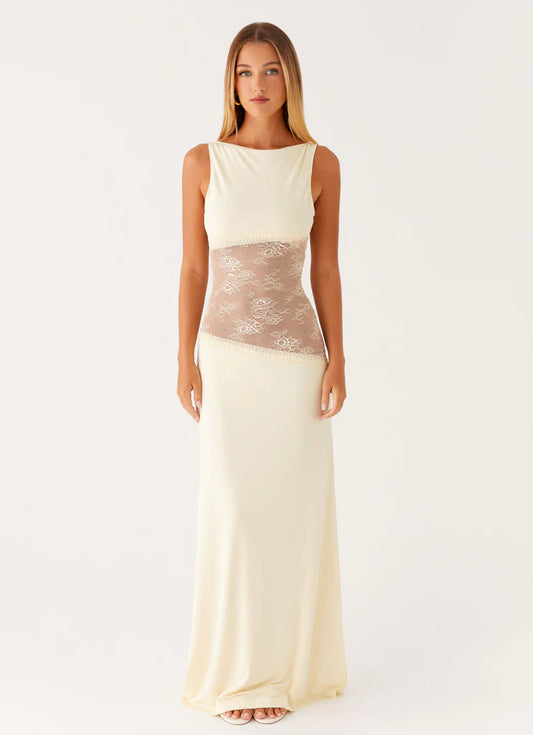 Cream Lace Insert Sleeveless Backless Maxi Prom Dress Formal Evening Gown