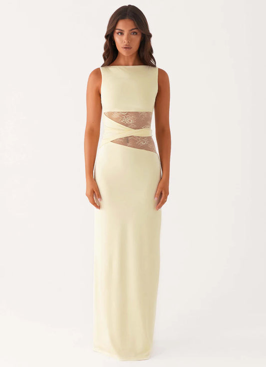 Cream Lace Insert Twisted Waist Sleeveless Backless Maxi Prom Dress Formal Evening Gown