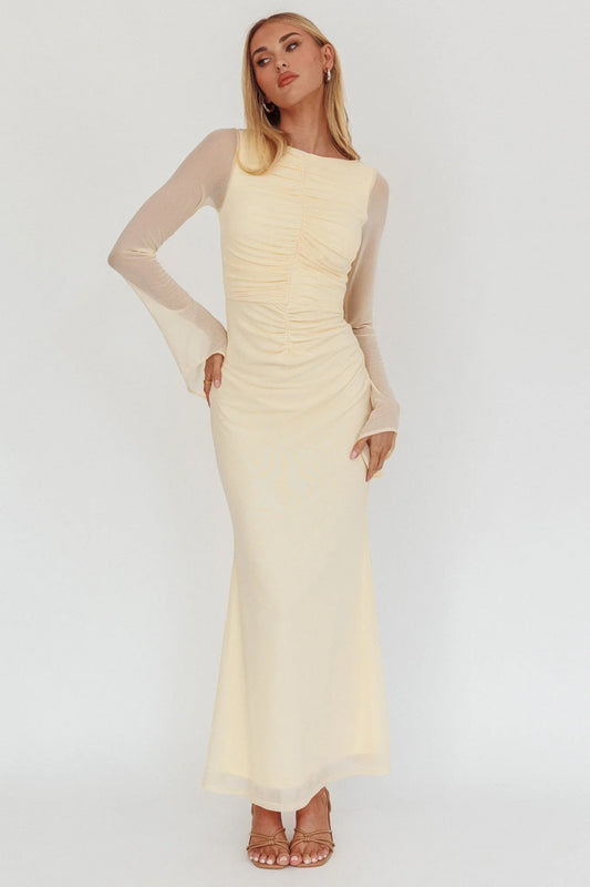 Cream Long Sleeve Mesh Mermaid Prom Dress with Ruched Bodice for Formal Events and Prom Nights