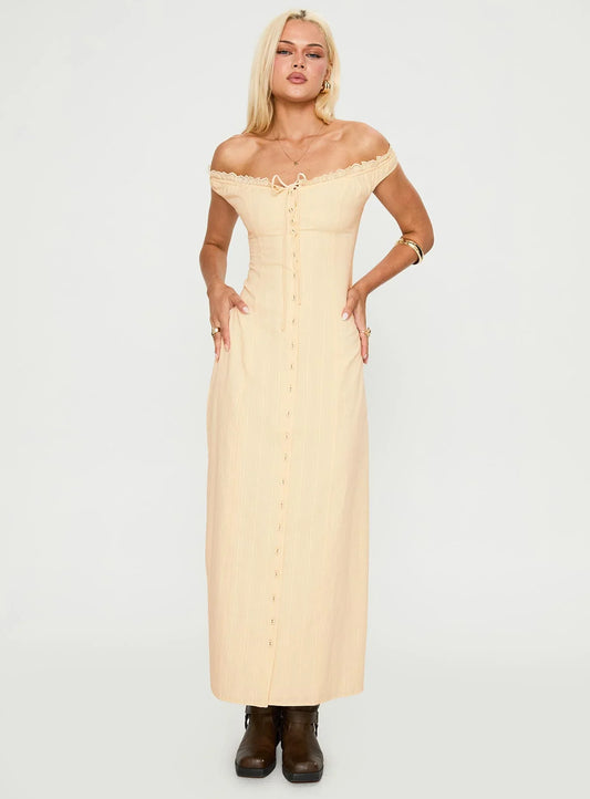 Cream Off-the-Shoulder Prom Dress with Lace Trim and Button Detail for Formal Events and Prom Nights