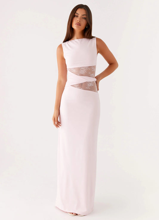 Crew Neck Sleeveless Lace Cutout Waist Ruched Blush Pink Satin Maxi Dress