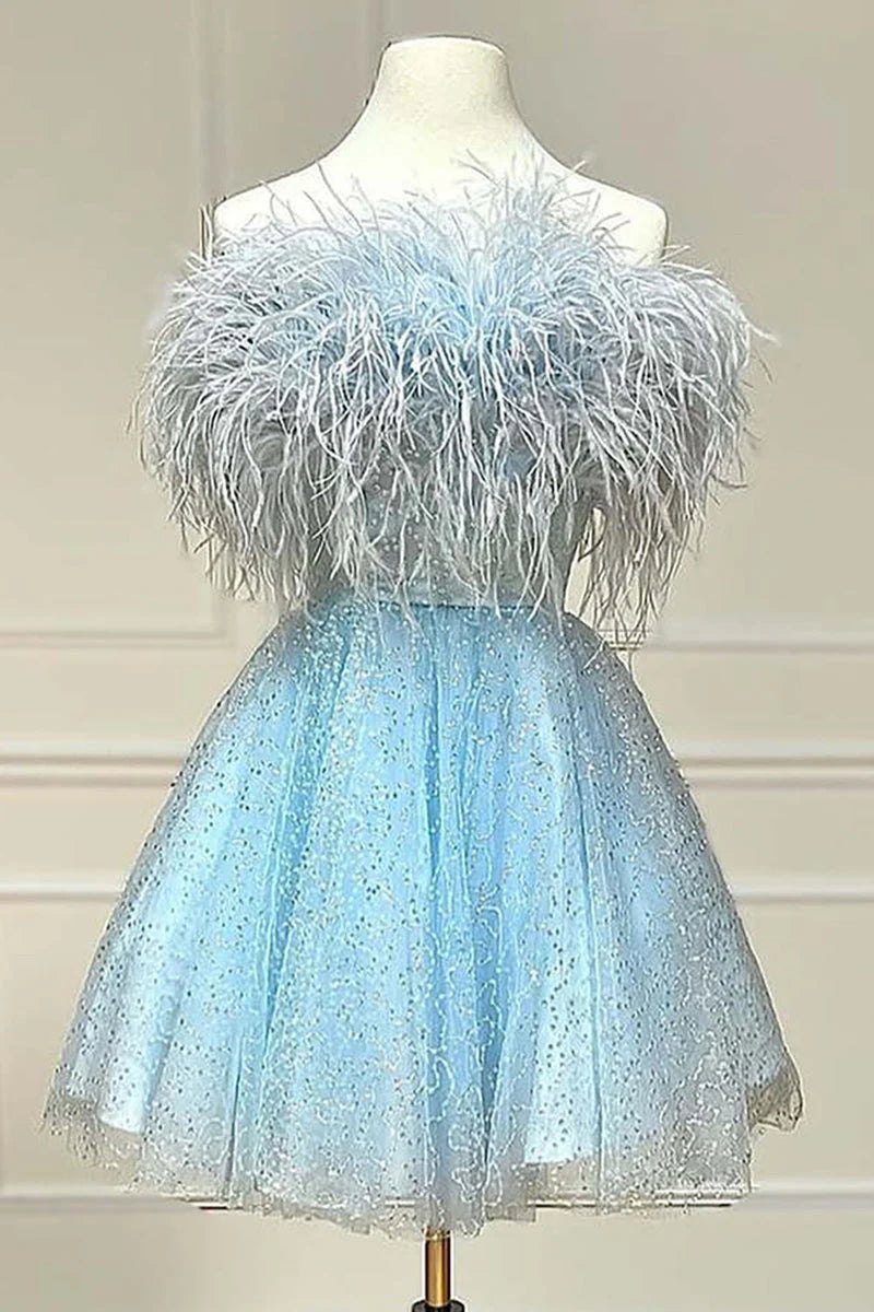 Lindo minivestido negro sin tirantes para fiesta de bienvenida, vestido de cóctel con lentejuelas y plumas