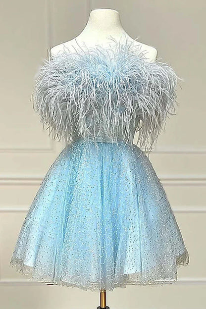 Lindo minivestido negro sin tirantes para fiesta de bienvenida, vestido de cóctel con lentejuelas y plumas