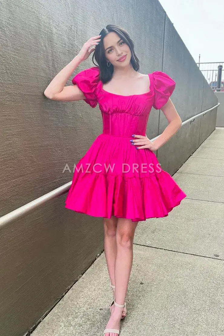 Amzcw Cute A-Line Square Neck Hot Pink Satin Short Homecoming Dresses formal wear dresses
