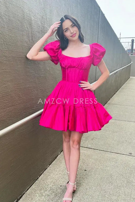 Amzcw Cute A-Line Square Neck Hot Pink Satin Short Homecoming Dresses formal wear dresses