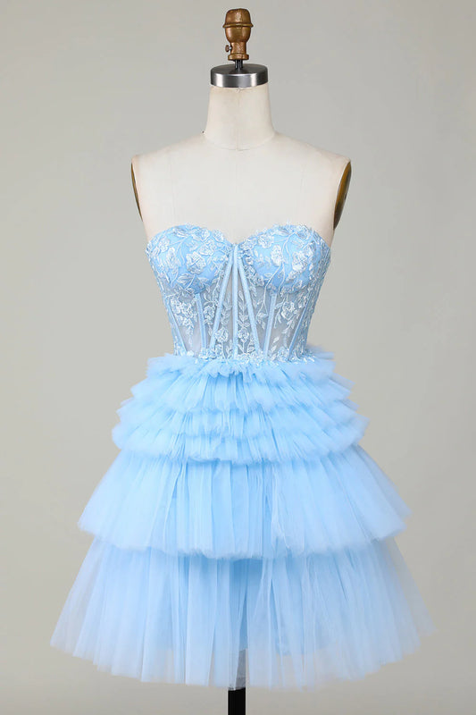 Amzcw Trendy Blue A Line Sweetheart Tiered Short Homecoming Dress with Ruffles