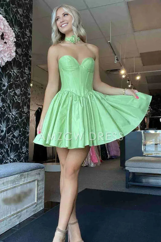 Amzcw Cute A-Line Sweetheart Light Green Satin Homecoming Dresses
