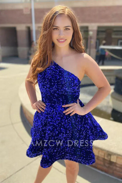 Amzcw Cute A Line One Shoulder Royal Blue Sequins Short Hoco Dresses with Pockets formal wear dresses