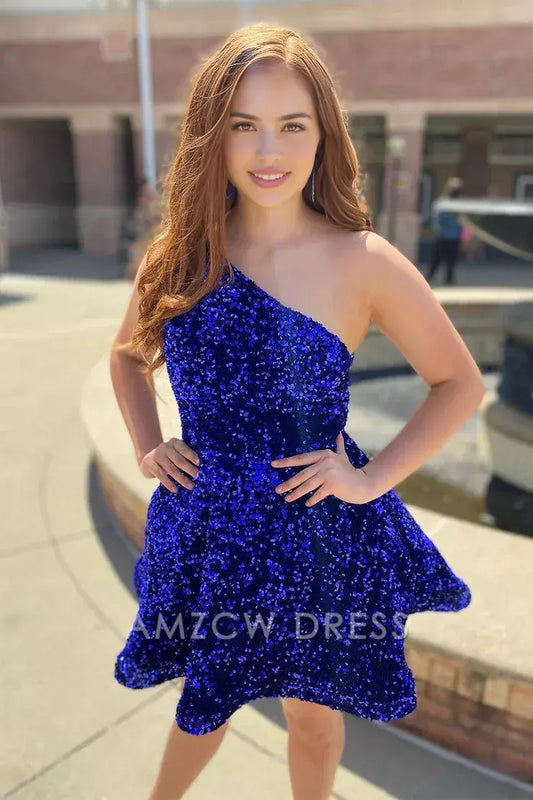 Amzcw Cute A Line One Shoulder Royal Blue Sequins Short Hoco Dresses with Pockets formal wear dresses