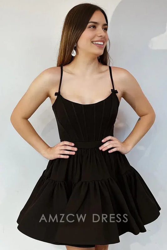Amzcw Cute A Line Scoop Neck Black Satin Short Homecoming Dresses with Lace-up formal wear dresses
