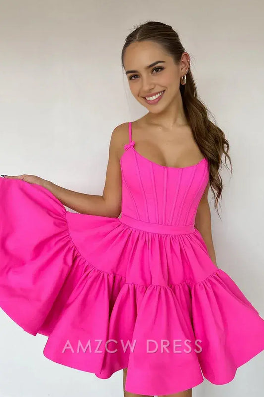 Amzcw Cute A Line Scoop Neck Hot Pink Satin Short Homecoming Dresses formal wear dresses