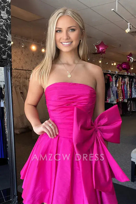 Amzcw Cute A Line Strapless Hot Pink Satin Short Homecoming Dresses with Bow formal wear dresses