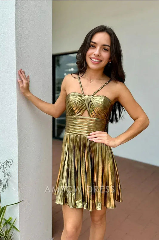 Amzcw Cute A Line Straps Gold Sparkly Satin Homecoming Dresses formal wear dresses