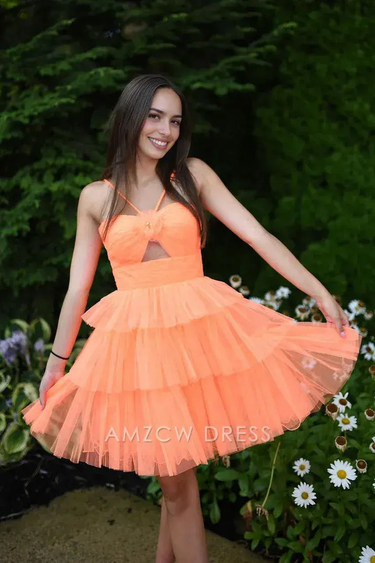 Amzcw Cute A Line Straps Orange Tulle Short Homecoming Dresses formal wear dresses