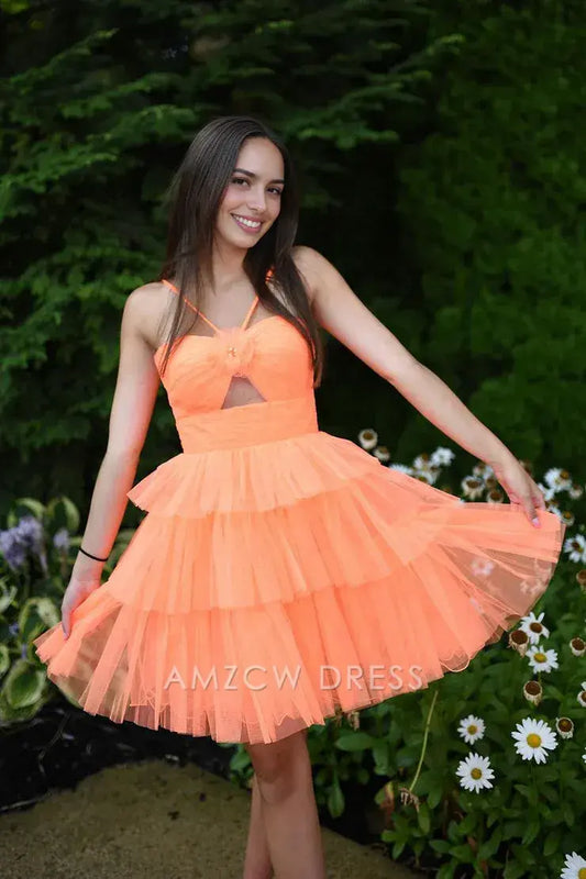 Amzcw Cute A Line Straps Orange Tulle Short Homecoming Dresses formal wear dresses