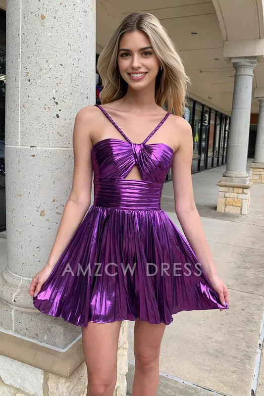 Amzcw Cute A Line Straps Purple Sparkly Satin Short Homecoming Dresses formal wear dresses