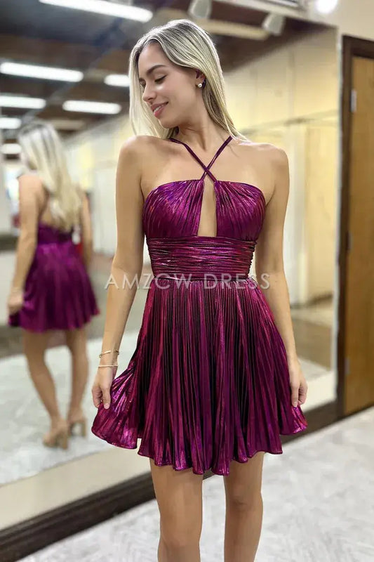 Amzcw Cute A Line Straps Rose Red Pleat Satin Homecoming Dress formal wear dresses