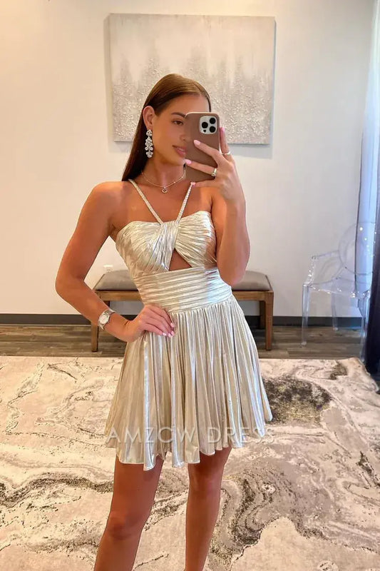 Amzcw Cute A Line Straps Sparkly Satin Short Homecoming Dressees formal wear dresses