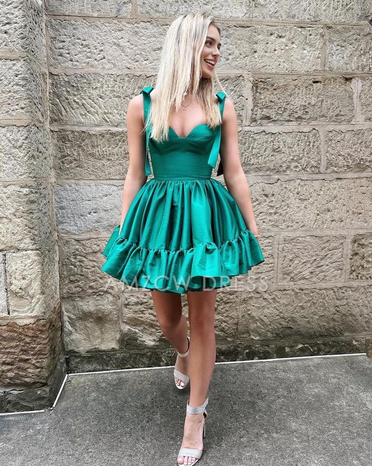 Amzcw Cute A Line Sweetheart Dark Green Satin Short Homecoming Dresses with Bow formal wear dresses