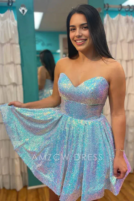 Amzcw Cute A Line Sweetheart Light Blue Sequins Short Homecoming Dresses formal wear dresses