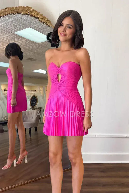 Amzcw Cute A Line Sweetheart Pink Pleated Chiffon Short Homecoimg Dresses formal wear dresses