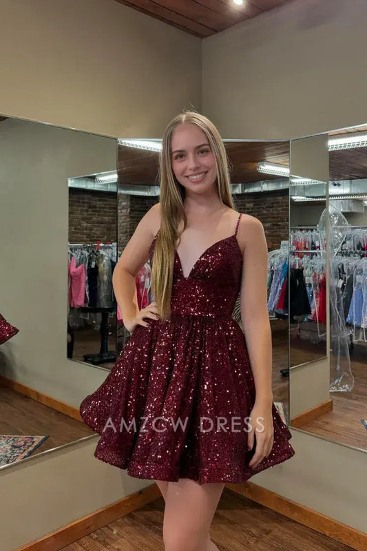 Amzcw Cute A Line V Neck Burgundy Sequins Short Homecoming Dresses formal wear dresses