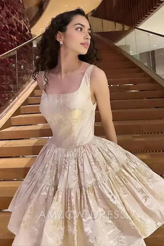 Amzcw Cute A Linr Square Neck Jacquard Satin Short Homecoming Dresses formal wear dresses