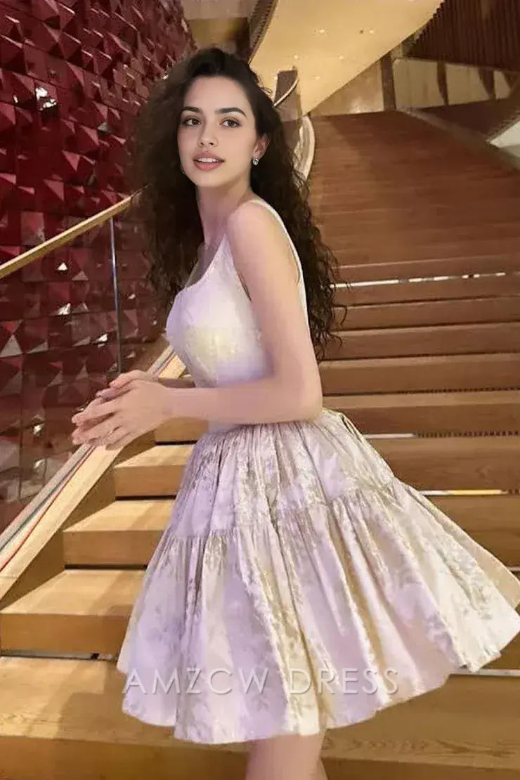 Amzcw Cute A Linr Square Neck Jacquard Satin Short Homecoming Dresses formal wear dresses