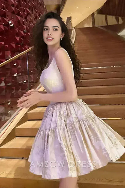 Amzcw Cute A Linr Square Neck Jacquard Satin Short Homecoming Dresses formal wear dresses