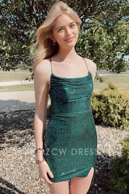 Amzcw Cute Bodycon Cowl Neck Sequins Short Homecoming Dresses formal wear dresses